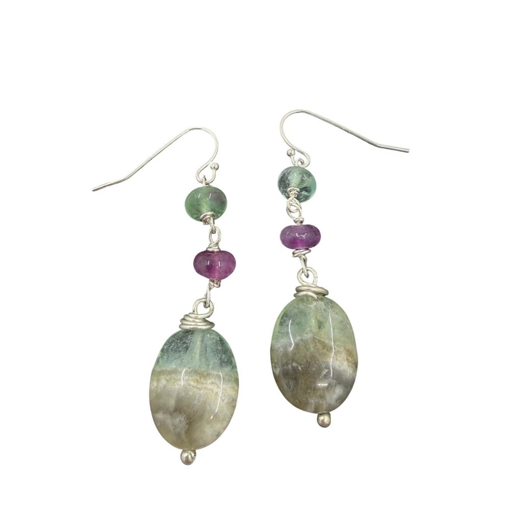 Seafoam Prehnite Pink Green Fluorite Dangle Earrings 925 Sterling Silver